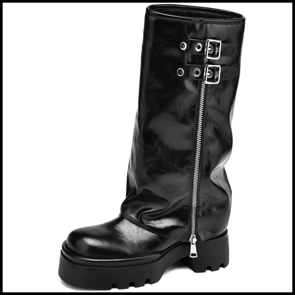 Knee High Moto Boots Fold Over Platform Chunky Heel Wide Calf Biker Style